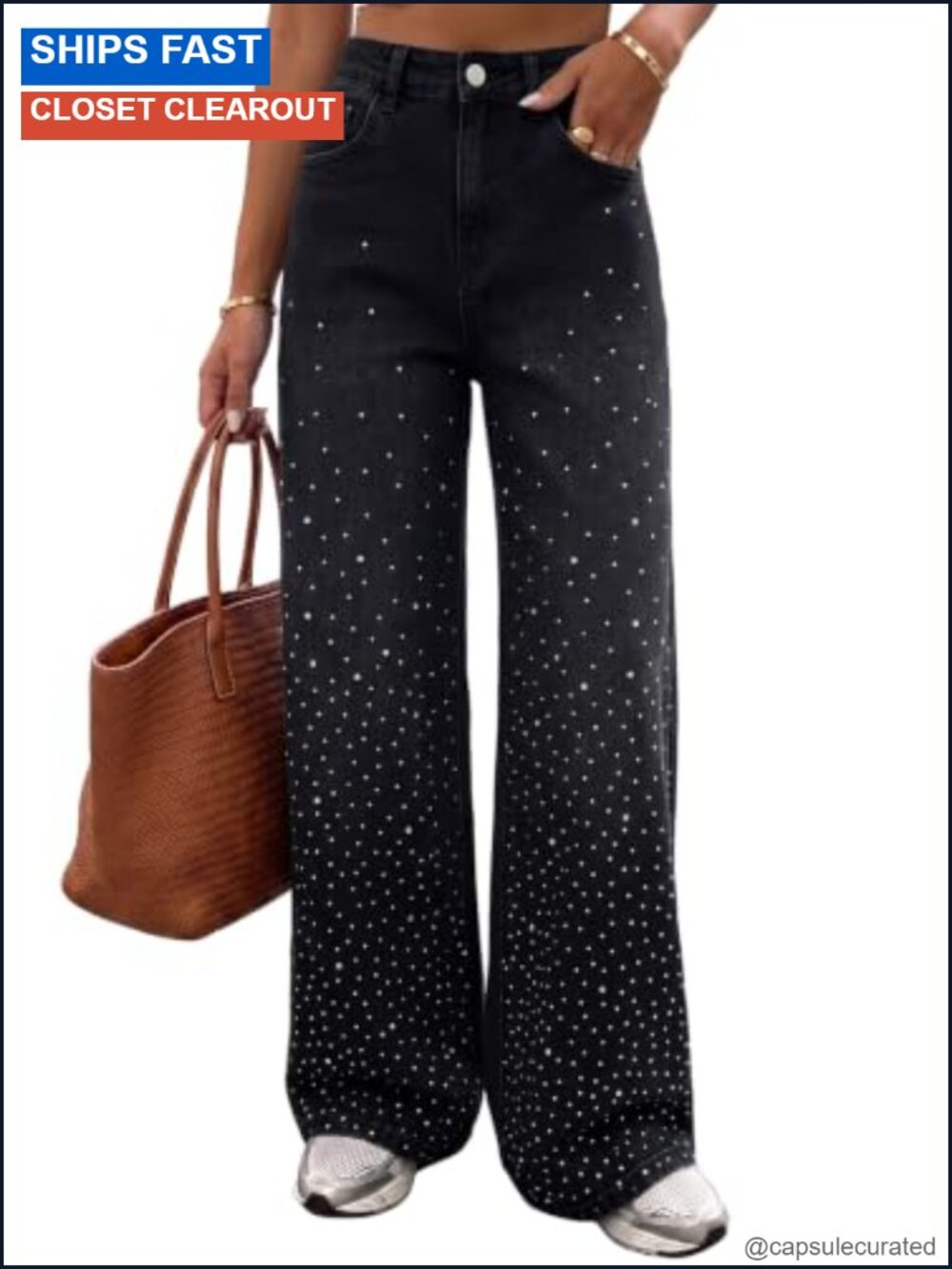 Wide Leg Stretchy Rhinestone Embellished Denim Jeans High Rise